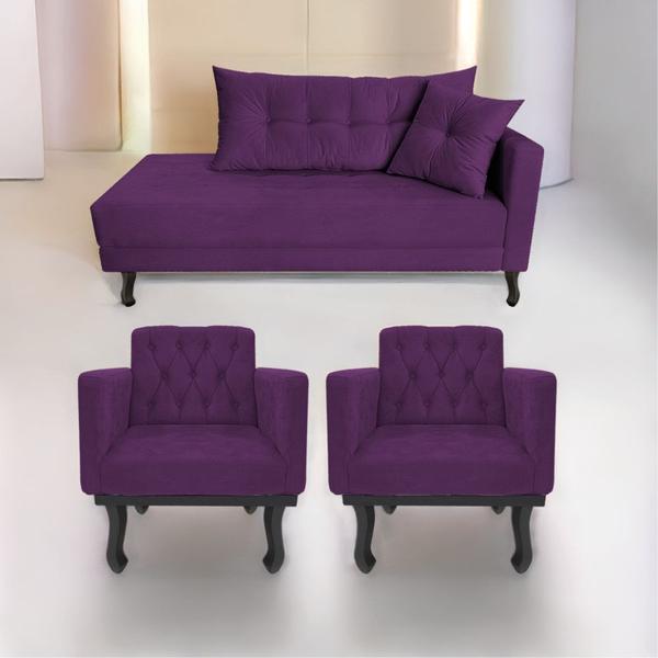 Imagem de Kit Diva Recamier Azura 185cm Lado Esquerdo e 02 Poltronas Classic Suede - Doce Sonho Móveis