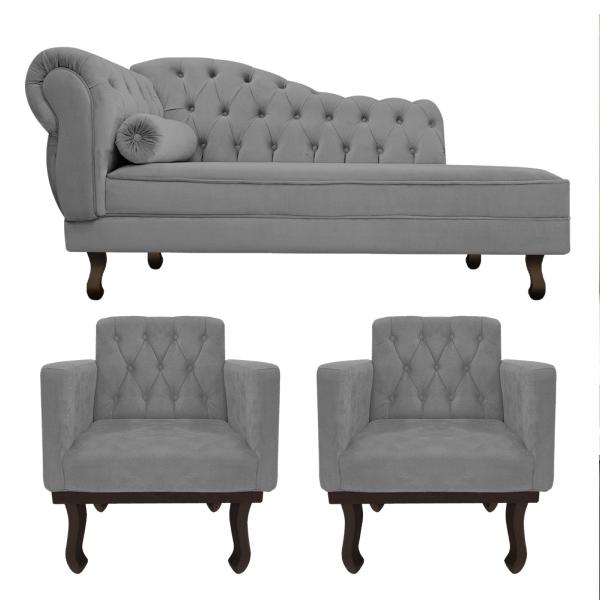 Imagem de Kit Diva Recamier Diana 120cm Lado Direito e 2 Poltronas Classic Suede - ADJ Decor