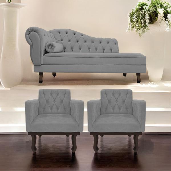 Imagem de Kit Diva Recamier Diana 130cm Lado Direito e 02 Poltronas Classic Suede - ADJ Decor