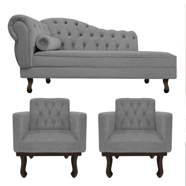 Imagem de Kit Diva Recamier Diana 130cm Lado Direito e 02 Poltronas Classic Suede - ADJ Decor