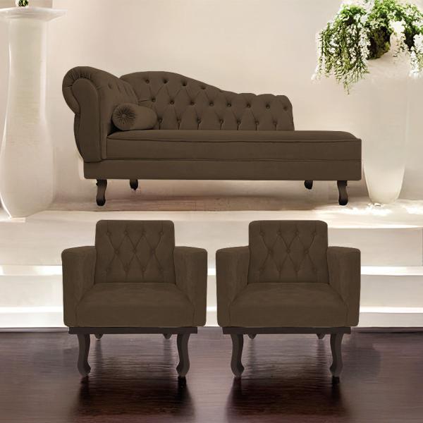 Imagem de Kit Diva Recamier Diana 130cm Lado Direito e 02 Poltronas Classic Suede - ADJ Decor