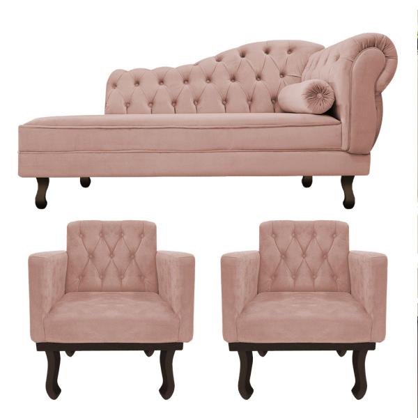 Imagem de Kit Diva Recamier Diana 130cm Lado Esquerdo e 02 Poltronas Classic Suede - ADJ Decor