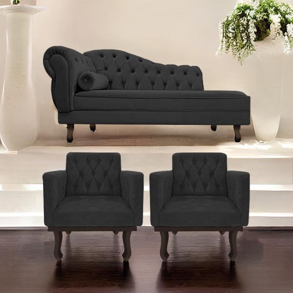 Imagem de Kit Diva Recamier Diana 185cm Lado Direito e 02 Poltronas Classic Linho - ADJ Decor