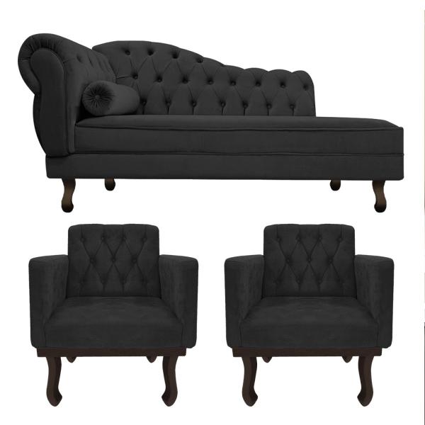 Imagem de Kit Diva Recamier Diana 185cm Lado Direito e 02 Poltronas Classic Linho - ADJ Decor