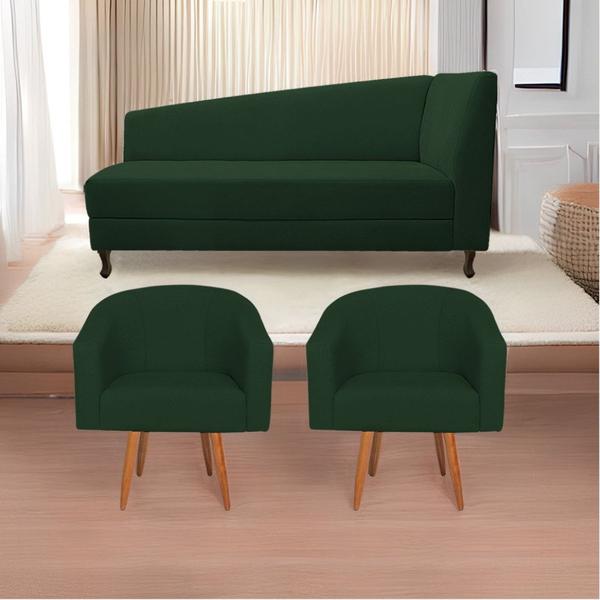 Imagem de Kit Diva Recamier Heitor 140cm Lado Esquerdo e 02 Poltronas Luiza Suede Verde - Amarena Móveis