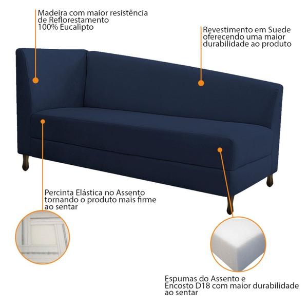 Imagem de Kit Diva Recamier Heitor 185cm Lado Direito e 02 Poltronas Luiza Suede Azul Marinho - Amarena Móveis