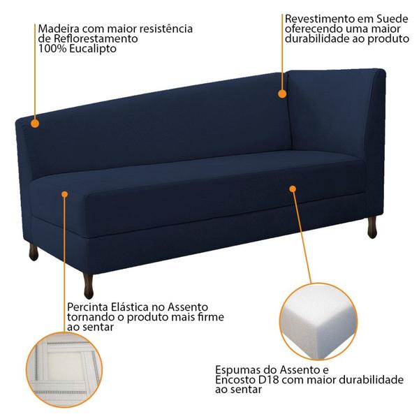 Imagem de Kit Diva Recamier Heitor 185cm Lado Esquerdo e 02 Poltronas Luiza Suede Azul Marinho - Amarena Móveis