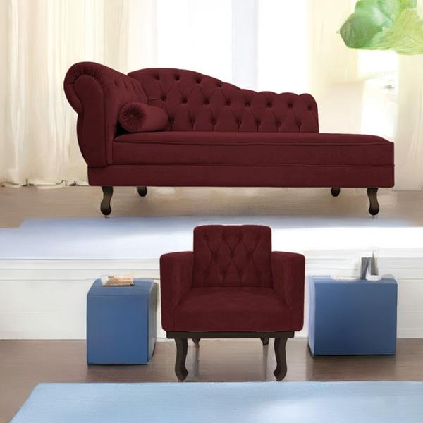 Imagem de Kit Diva Recamier Juliana 120cm Lado Direito e 1 Poltrona Classic Suede Bordo - Amarena Móveis