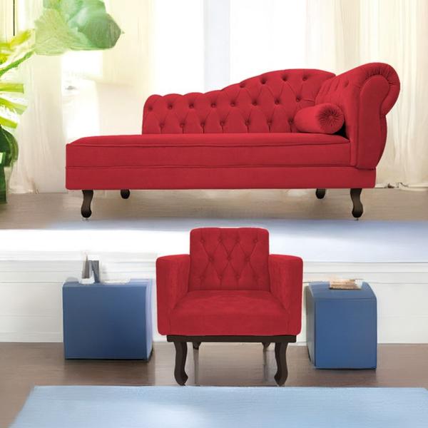 Imagem de Kit Diva Recamier Juliana 120cm Lado Esquerdo e 1 Poltrona Classic Suede Vermelho - Amarena Móveis