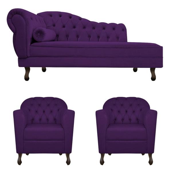 Imagem de Kit Diva Recamier Juliana 130cm Lado Direito e 02 Poltronas Julia Suede Roxo - Amarena Móveis