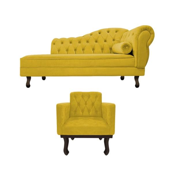 Imagem de Kit Diva Recamier Juliana 130cm Lado Esquerdo e 01 Poltrona Classic Suede Amarelo - Amarena Móveis