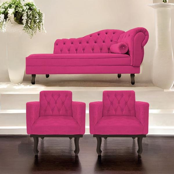 Imagem de Kit Diva Recamier Juliana 130cm Lado Esquerdo e 02 Poltronas Classic Suede Pink - Amarena Móveis