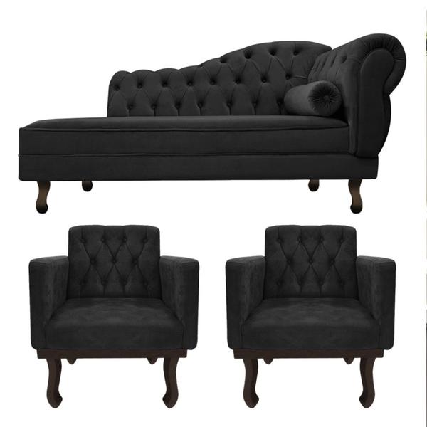 Imagem de Kit Diva Recamier Juliana 130cm Lado Esquerdo e 02 Poltronas Classic Suede Preto - Amarena Móveis