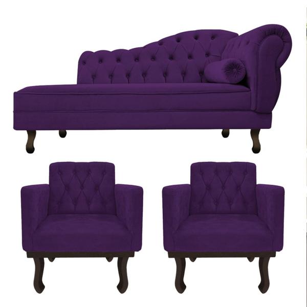 Imagem de Kit Diva Recamier Juliana 130cm Lado Esquerdo e 02 Poltronas Classic Suede Roxo - Amarena Móveis