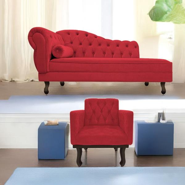 Imagem de Kit Diva Recamier Juliana 140cm Lado Direito e 01 Poltrona Classic Suede Vermelho - Amarena Móveis