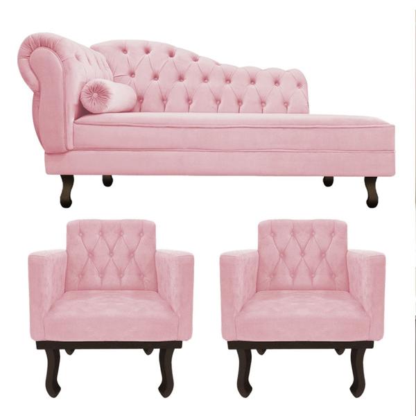 Imagem de Kit Diva Recamier Juliana 140cm Lado Direito e 02 Poltronas Classic Suede Rosa Bebê - Amarena Móveis