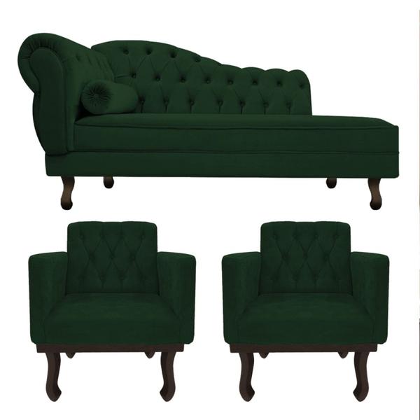 Imagem de Kit Diva Recamier Juliana 140cm Lado Direito e 02 Poltronas Classic Suede Verde - Amarena Móveis