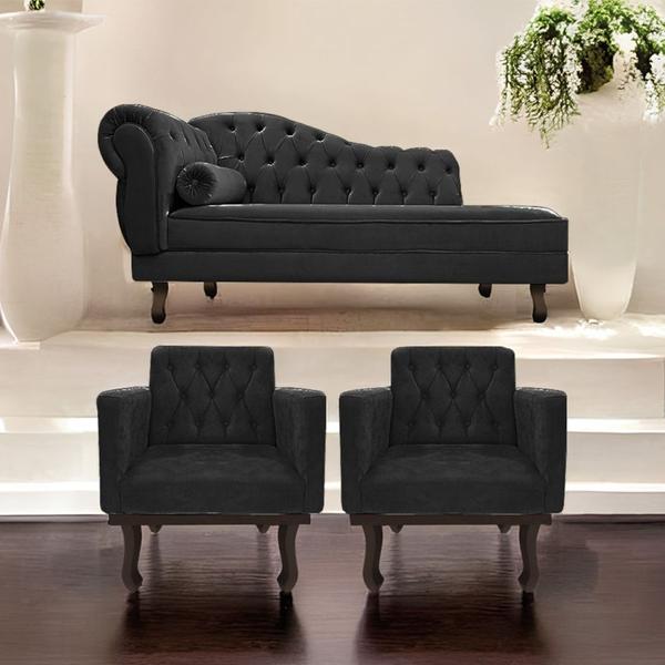 Imagem de Kit Diva Recamier Juliana 160cm Lado Direito e 02 Poltronas Classic Suede Preto - Amarena Móveis