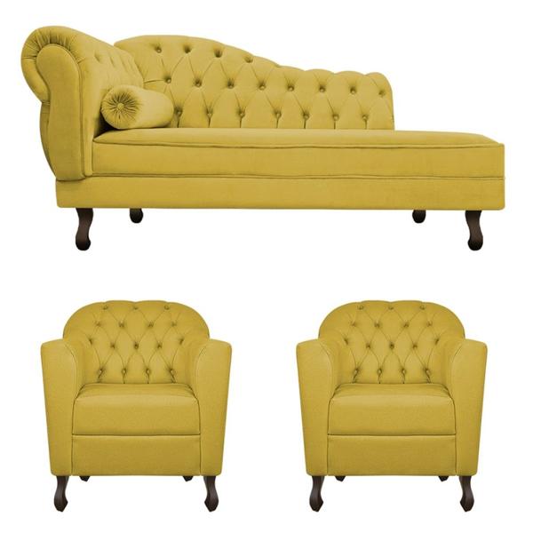 Imagem de Kit Diva Recamier Juliana 160cm Lado Direito e 02 Poltronas Julia Suede Amarelo - Amarena Móveis