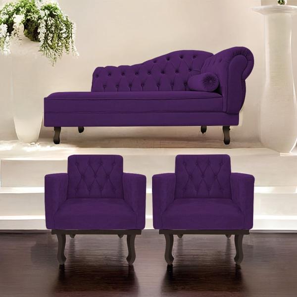 Imagem de Kit Diva Recamier Juliana 160cm Lado Esquerdo e 02 Poltronas Classic Suede Roxo - Amarena Móveis