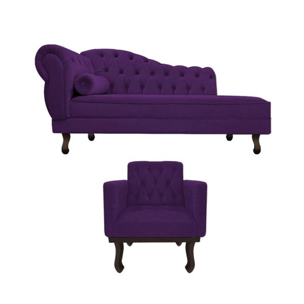 Imagem de Kit Diva Recamier Juliana 185cm Lado Direito e 01 Poltrona Classic Suede Roxo - Amarena Móveis