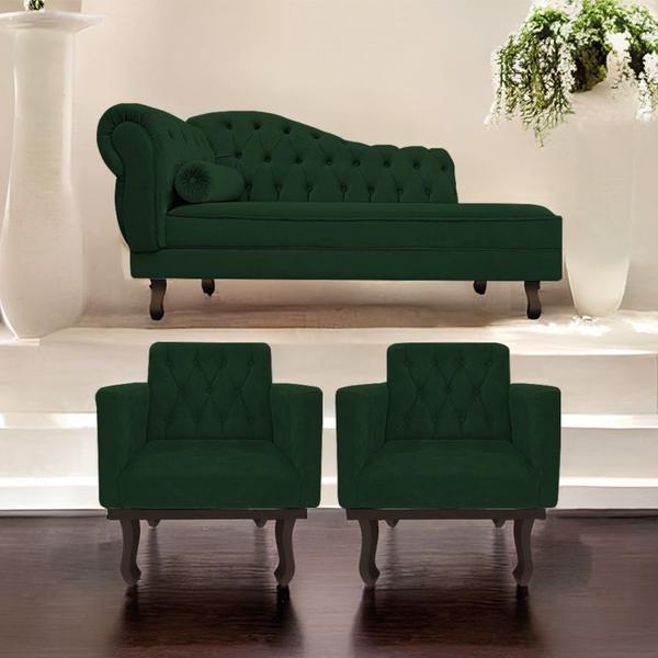 Imagem de Kit Diva Recamier Juliana 185cm Lado Direito e 02 Poltronas Classic Suede Verde - Amarena Móveis