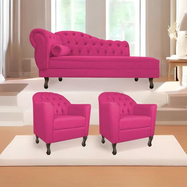 Imagem de Kit Diva Recamier Juliana 185cm Lado Direito e 02 Poltronas Julia Suede Pink - Amarena Móveis