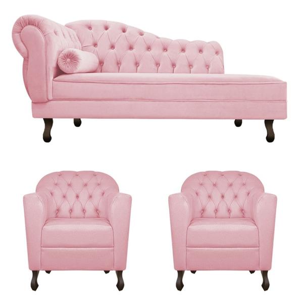 Imagem de Kit Diva Recamier Juliana 185cm Lado Direito e 02 Poltronas Julia Suede Rosa bebê - Amarena Móveis