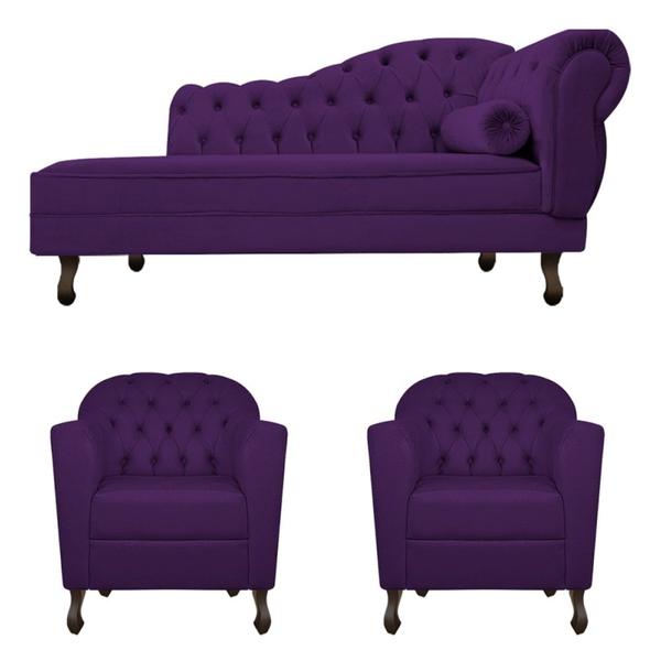 Imagem de Kit Diva Recamier Juliana 185cm Lado Esquerdo e 02 Poltronas Julia Suede Roxo - Amarena Móveis