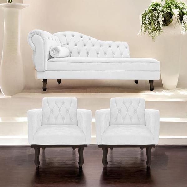 Imagem de Kit Diva Recamier Juliana185cm Lado Direito e 02 Poltronas Classic Corano Branco - Amarena Móveis