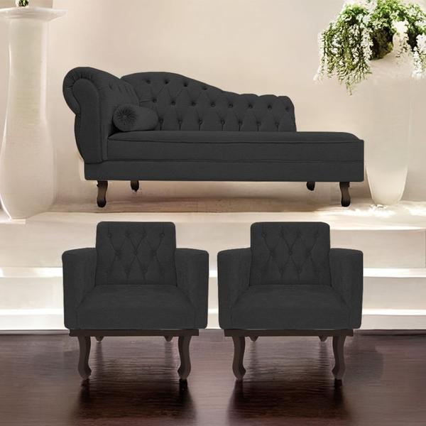 Imagem de Kit Diva Recamier Juliana185cm Lado Direito e 02 Poltronas Classic Corano Preto - Amarena Móveis