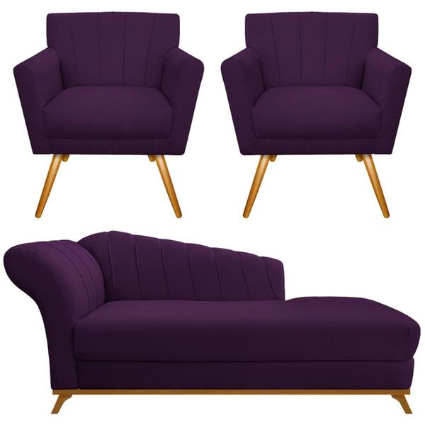 Imagem de Kit Diva Recamier Vanessa 140cm Lado Direito e 02 Poltronas Laura Suede Roxo - Amarena Móveis