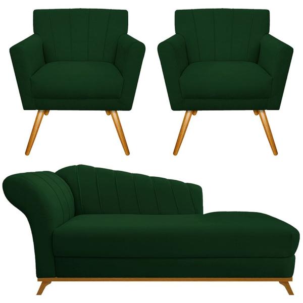 Imagem de Kit Diva Recamier Vanessa 140cm Lado Direito e 02 Poltronas Laura Suede Verde - Amarena Móveis