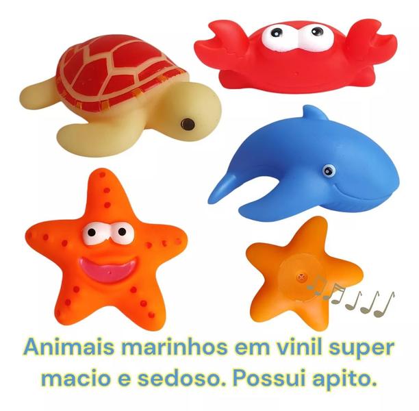 Imagem de Kit Divertido Brinquedos Aquáticos P/ Bebês Bichinhos de Banho Esguicha Água Com Rede de Pesca Tubarão