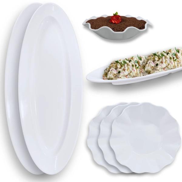 Imagem de Kit Dois Pratos 60 Cm Oval + 3 Travessas Redondas Melamina para Buffet Restaurante Profissional  Bestfer 