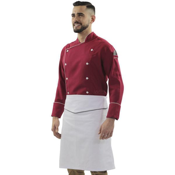 Imagem de Kit Dólmã Chef de Cozinha Vermelho Avental Branco de Cintura