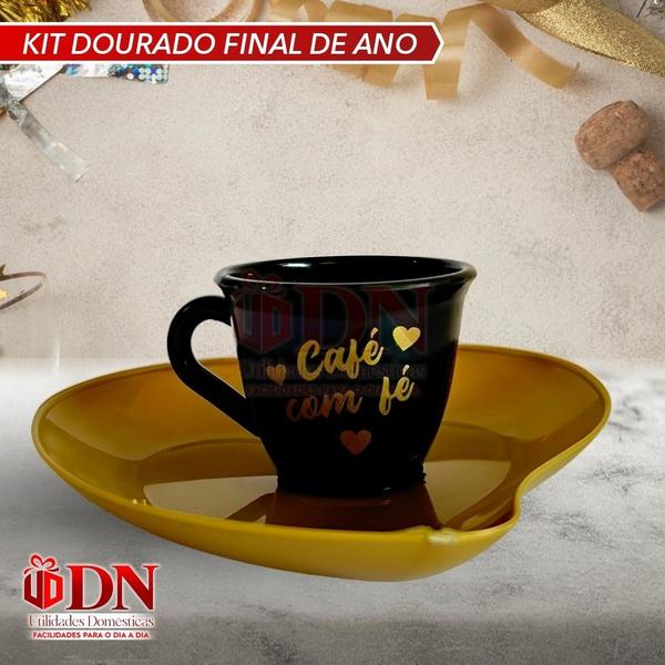 Imagem de Kit Dourado 6 Pires Coração +06 Xicaras Cafe com fé 