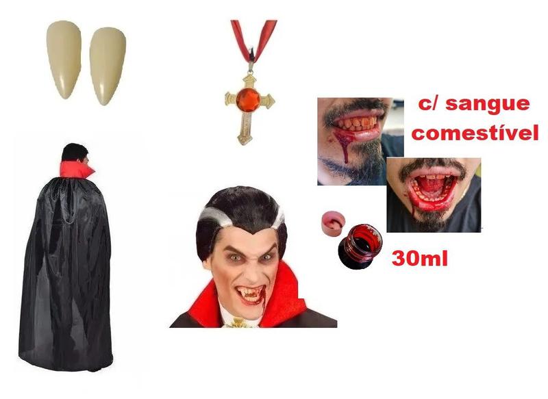 Imagem de Kit Drácula c/ Peruca, Capa, Dentes ,colar e Sangue Falso