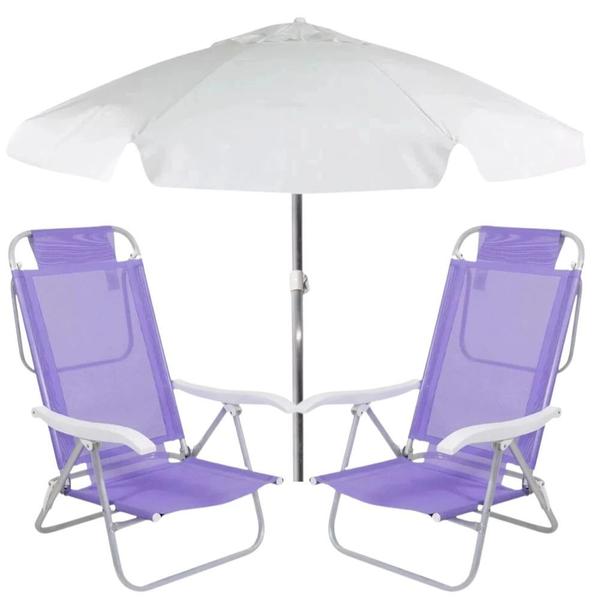 Imagem de Kit Duas Cadeiras de Praia Sunny Dobravel + Guarda Sol 2 M Branco  Bel 