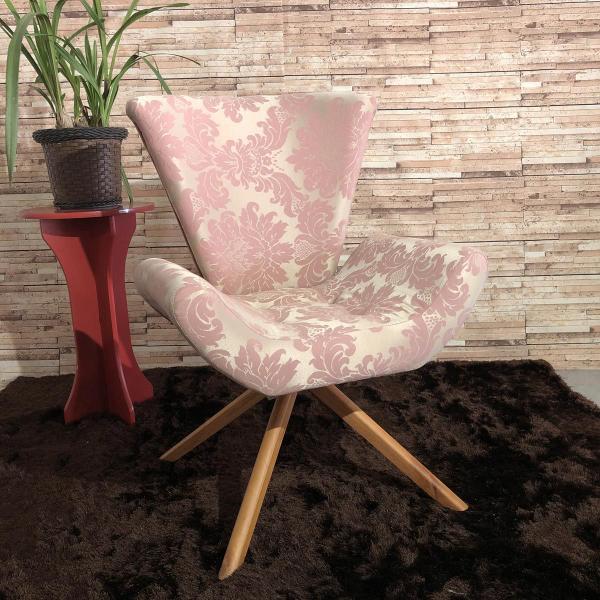 Imagem de Kit Duas Poltronas Elegance Base Giratória Ferro e Madeira Jacquard Rosa com Dourado