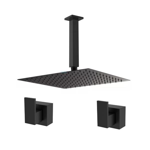 Imagem de Kit Ducha Chuveiro  Gás Solar Slim 25x25 Banheiro Lavatório De teto com acabamento registro padrão Deca Black Matte Preto Fosco Super Premium