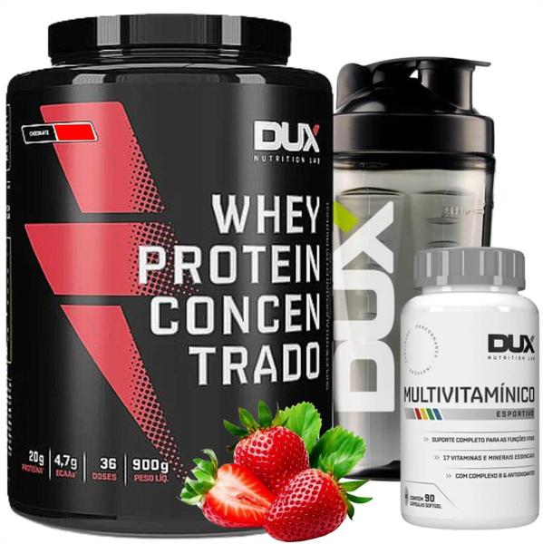 Imagem de Kit Dux Nutrition: Whey Concentrado 900g + Multivitamínico 90 cáps + Coqueteleira