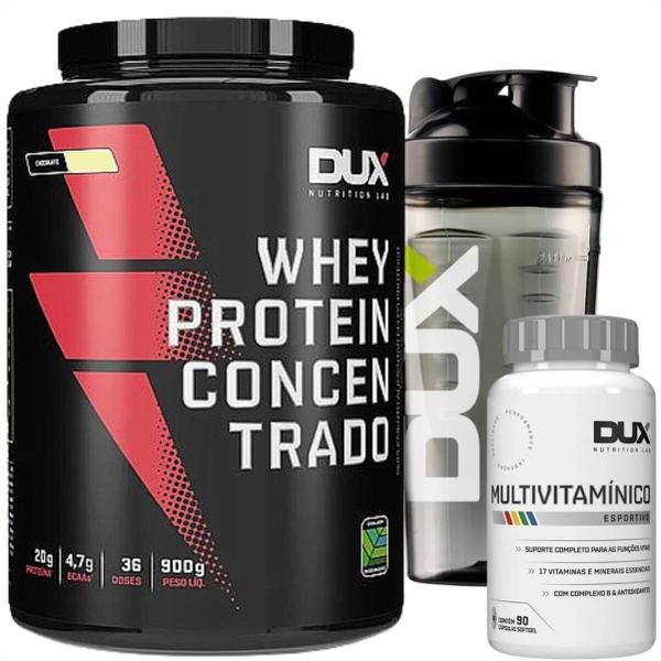 Imagem de Kit Dux Nutrition: Whey Concentrado 900g + Multivitamínico 90 cáps + Coqueteleira