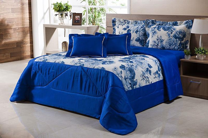 Imagem de Kit Edredom Cama Casal Estampada Floral Jacar C/ Lençol 6 Pç