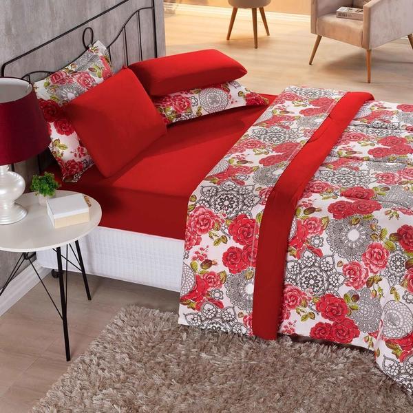 Imagem de Kit Edredom Malha 100% Algodão Primavera 2 Peças Solteiro - Floral Vermelho 