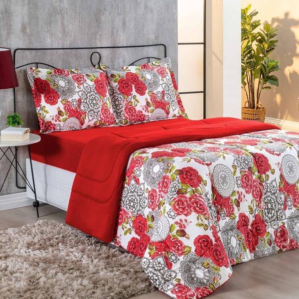 Imagem de Kit Edredom Malha 100% Algodão Primavera 3 Peças Queen - Floral Vermelho 