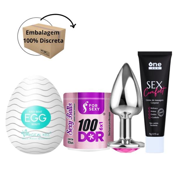 Imagem de Kit Egg Masturbador + 100Dor Sexy Ball Bolinha Anal + Plug Anal Tamanho P + 100dor Lubrificante Anal