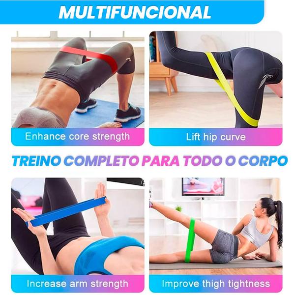 Imagem de Kit Elásticos Exercício Miniband 5 Níveis + 2 Tala Straps 100% Algodão Musculação Academia Treino em Casa