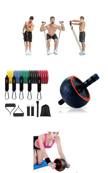 Imagem de Kit elasticos + roda prêmium profissional exercicios abdominal gluteos pernas braços malhar em casa 