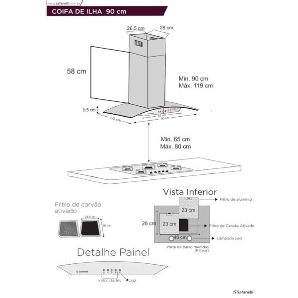 Imagem de Kit Eletro Coifa Ilha 90cm e Cooktop 5 Bocas Safanelli